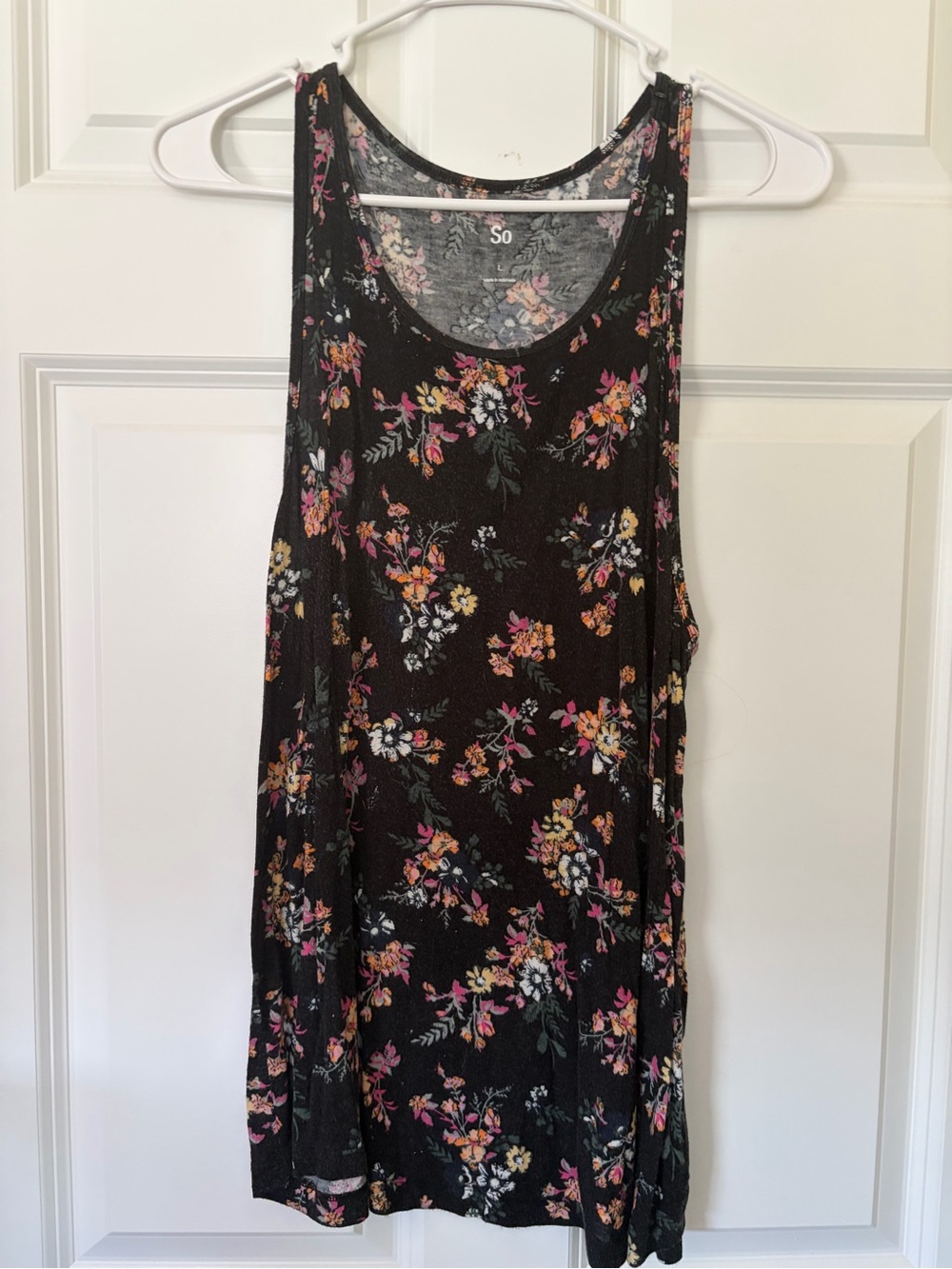 SO Black Floral Scoop Neck Tank with Pink and Peach Blooms and Green Foliage